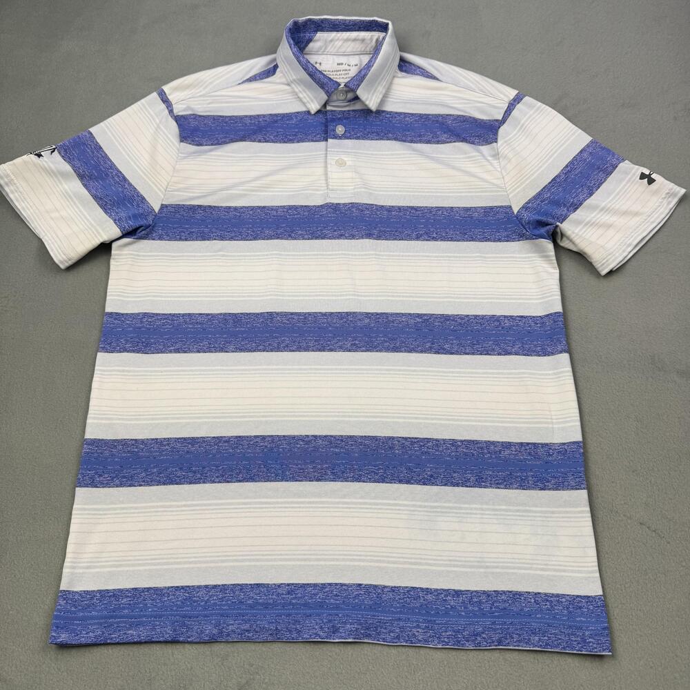 Under Armour Polo Shirt Mens Medium Blue Stripe The Hawthorns Golf Playoff